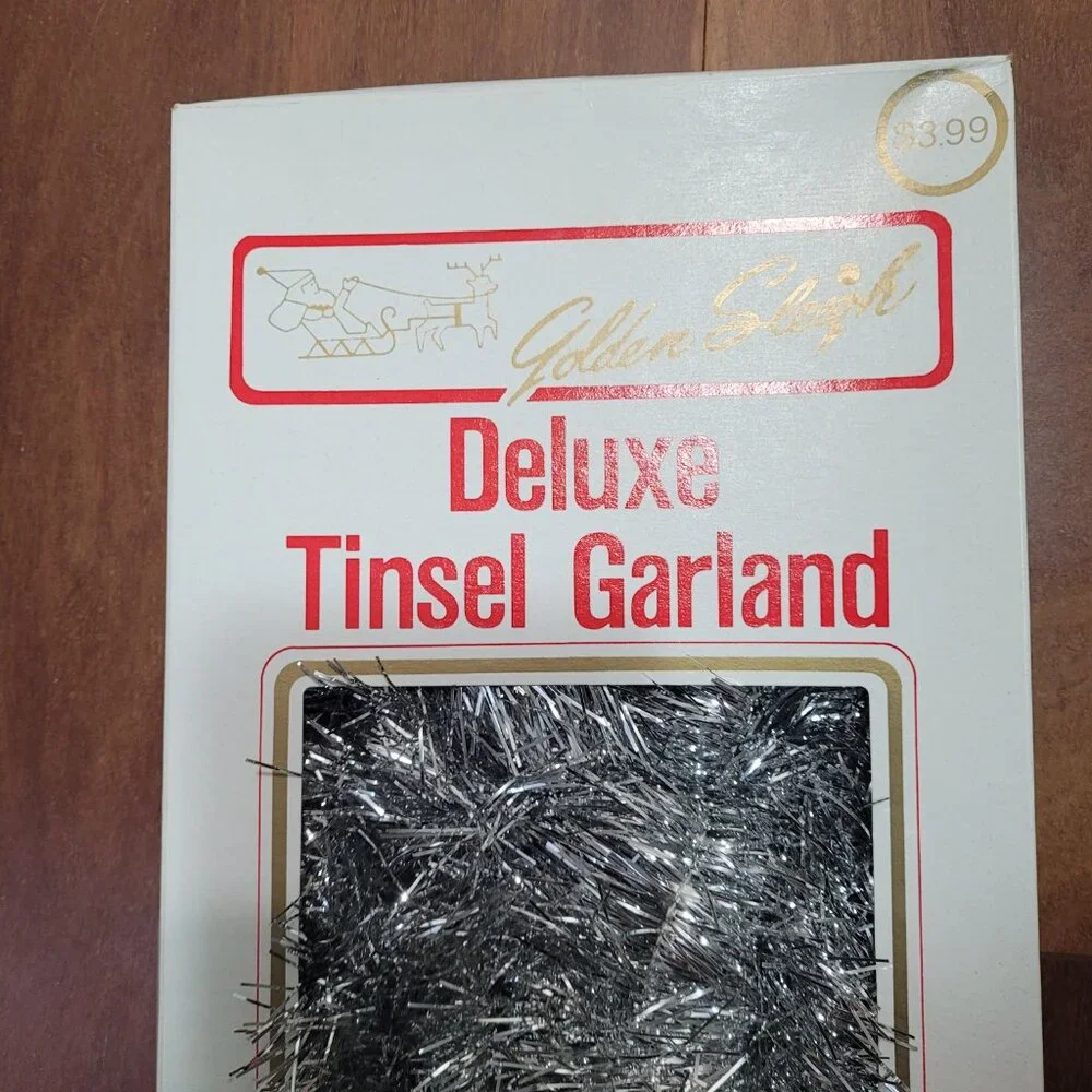 Golden Sleigh Silver Tinsel Garland Vintage Christmas Tree Mantle 15 Ft USA